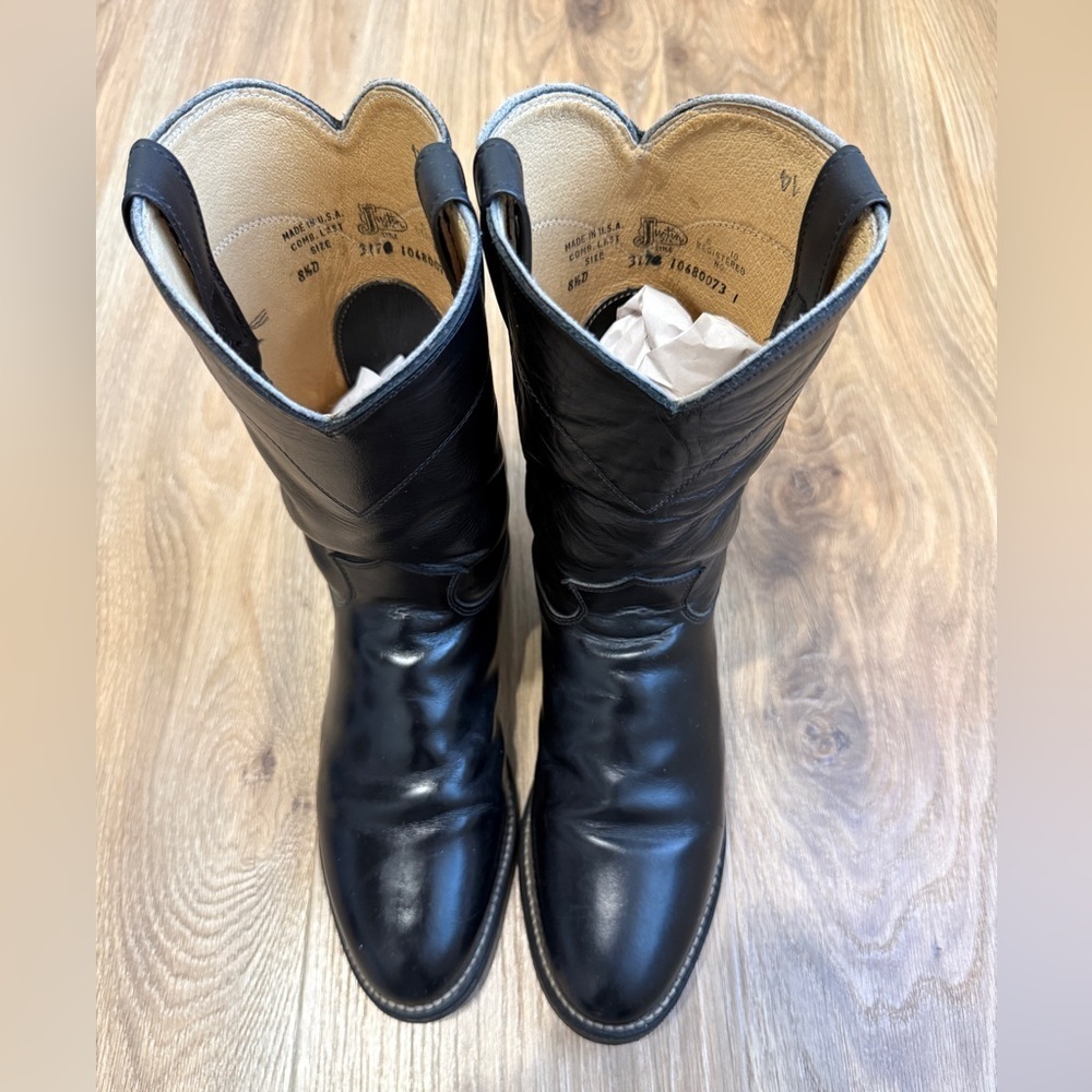 Justin Black Leather Pull On Western Boots Men’s 8.5D Style 3172 Made in USA
